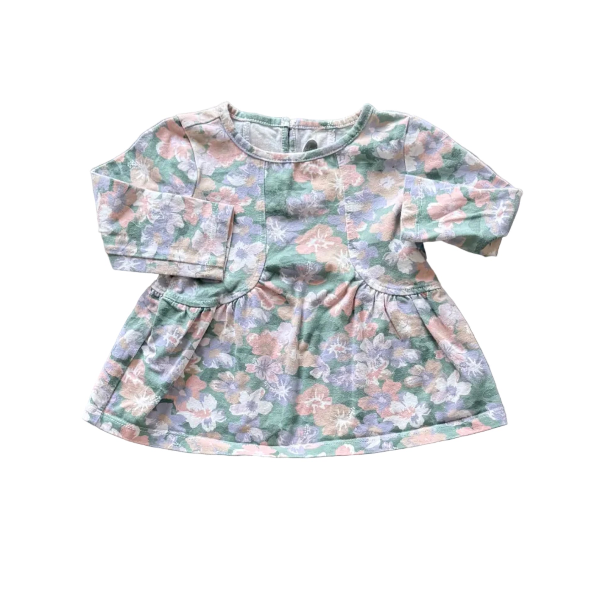 Robe 9 mois en coton, manches longues, imprimé floral pastel vert et rose