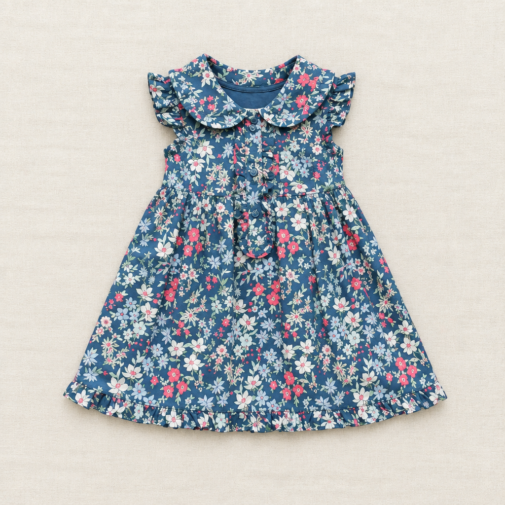 Robe Gap 6-12 mois à manches volants, bleu marine à fleurs rose et blanches