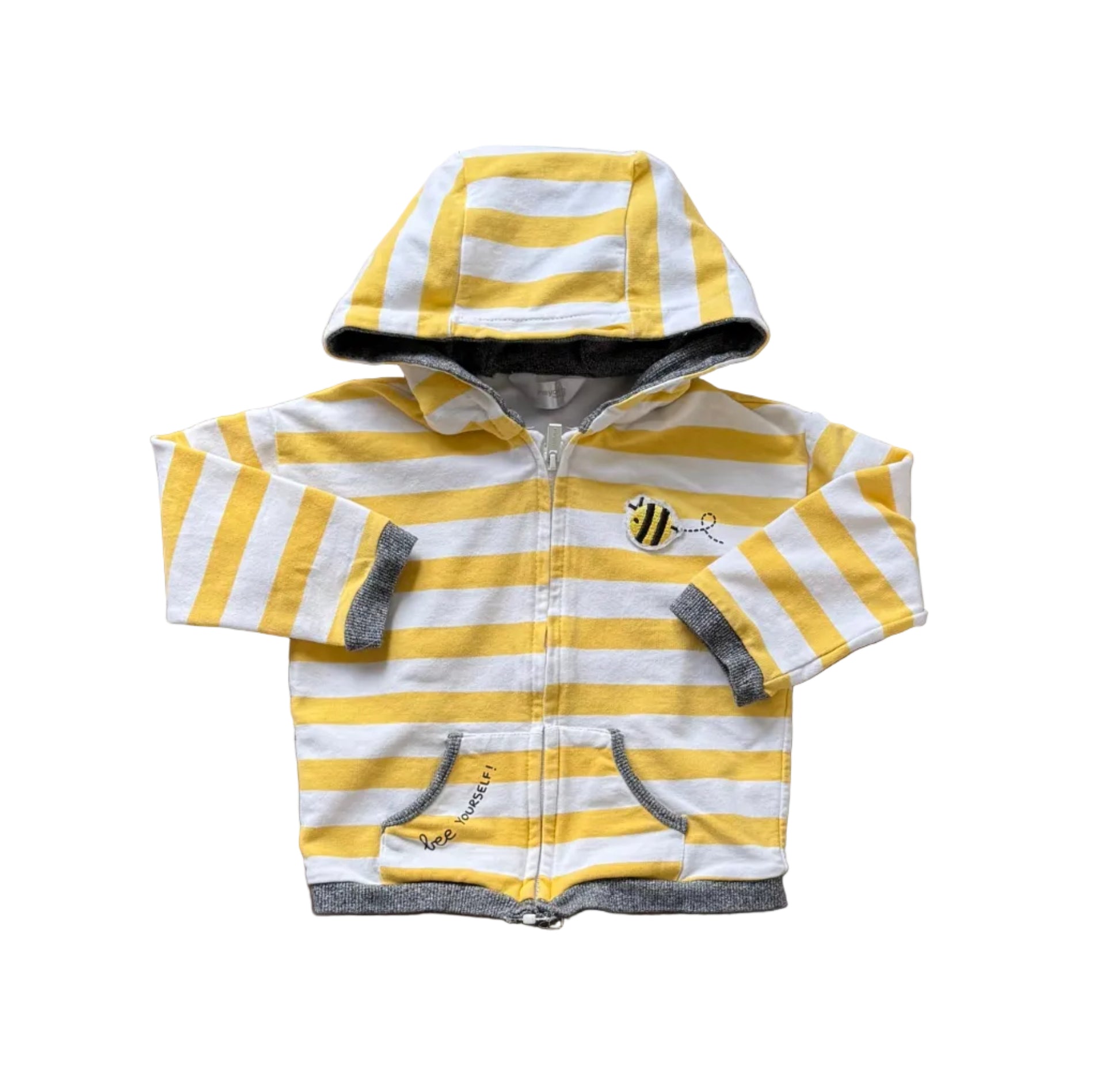 Veste à capuche 12 mois rayée jaune et blanche, zip avant, écusson poitrine