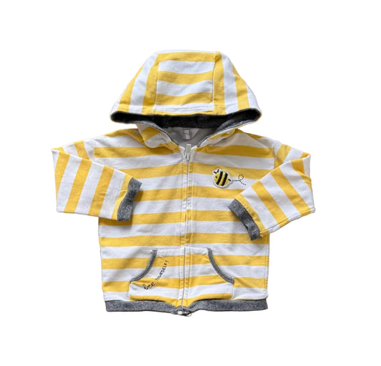 Veste à capuche 12 mois rayée jaune et blanche, zip avant, écusson poitrine