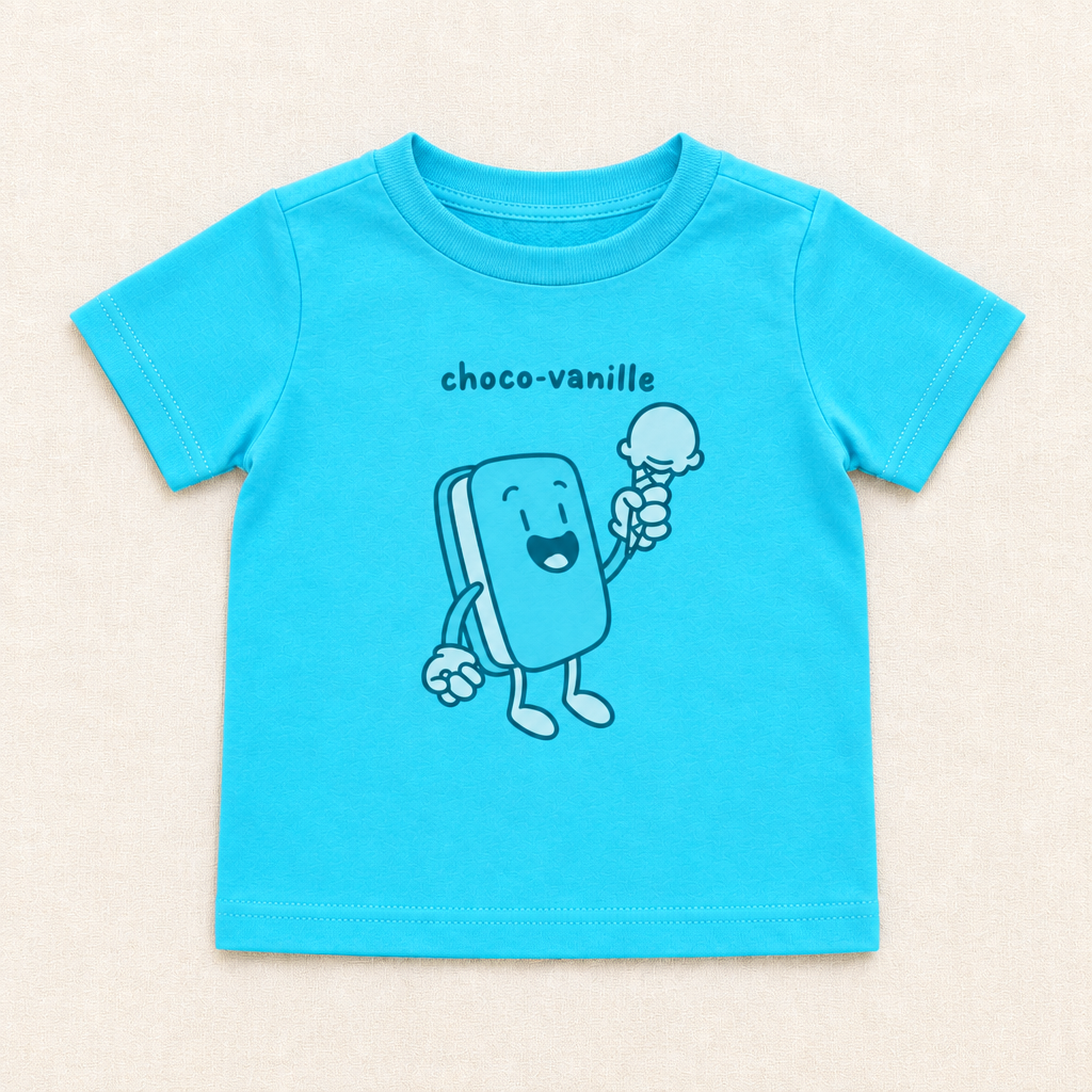 T-shirt bébé bleu azure 9 mois avec motif choco-vanille et personnage