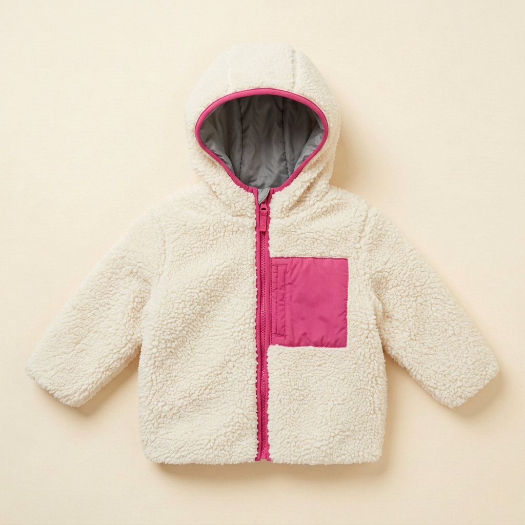 Manteau réversible enfant GAP beige, doublure sherpa, capuche, poche carrée rose.