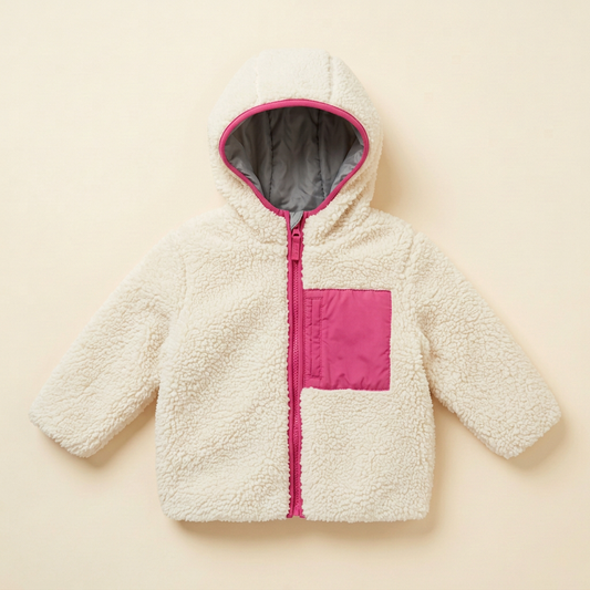 Manteau réversible enfant GAP beige, doublure sherpa, capuche, poche carrée rose.