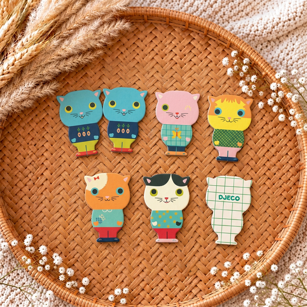 Jeu de mémoire Djeco, cartes chats colorées dans un panier en osier