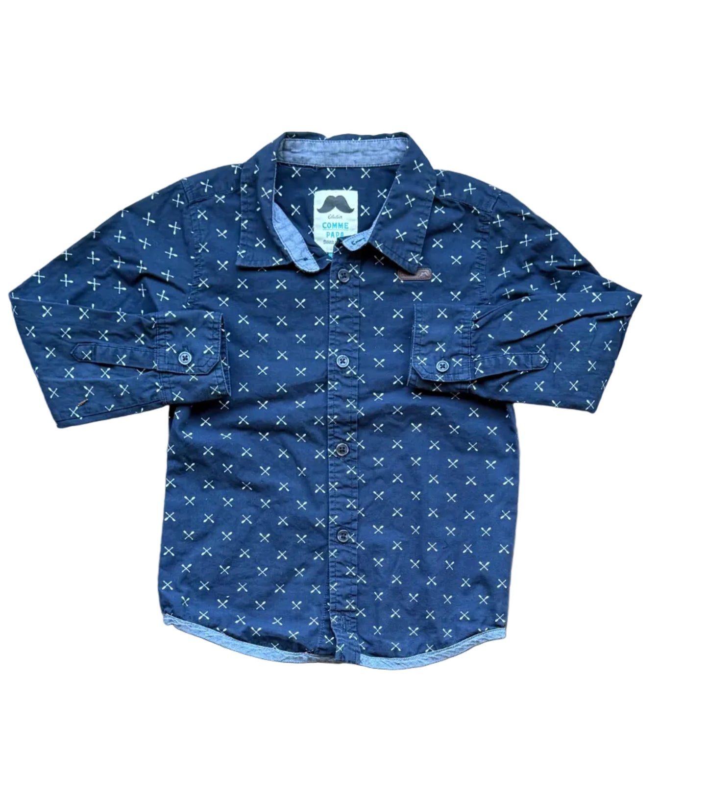 Chemise enfant 4 ans bleu foncé à motif géométrique, manches longues boutonnés