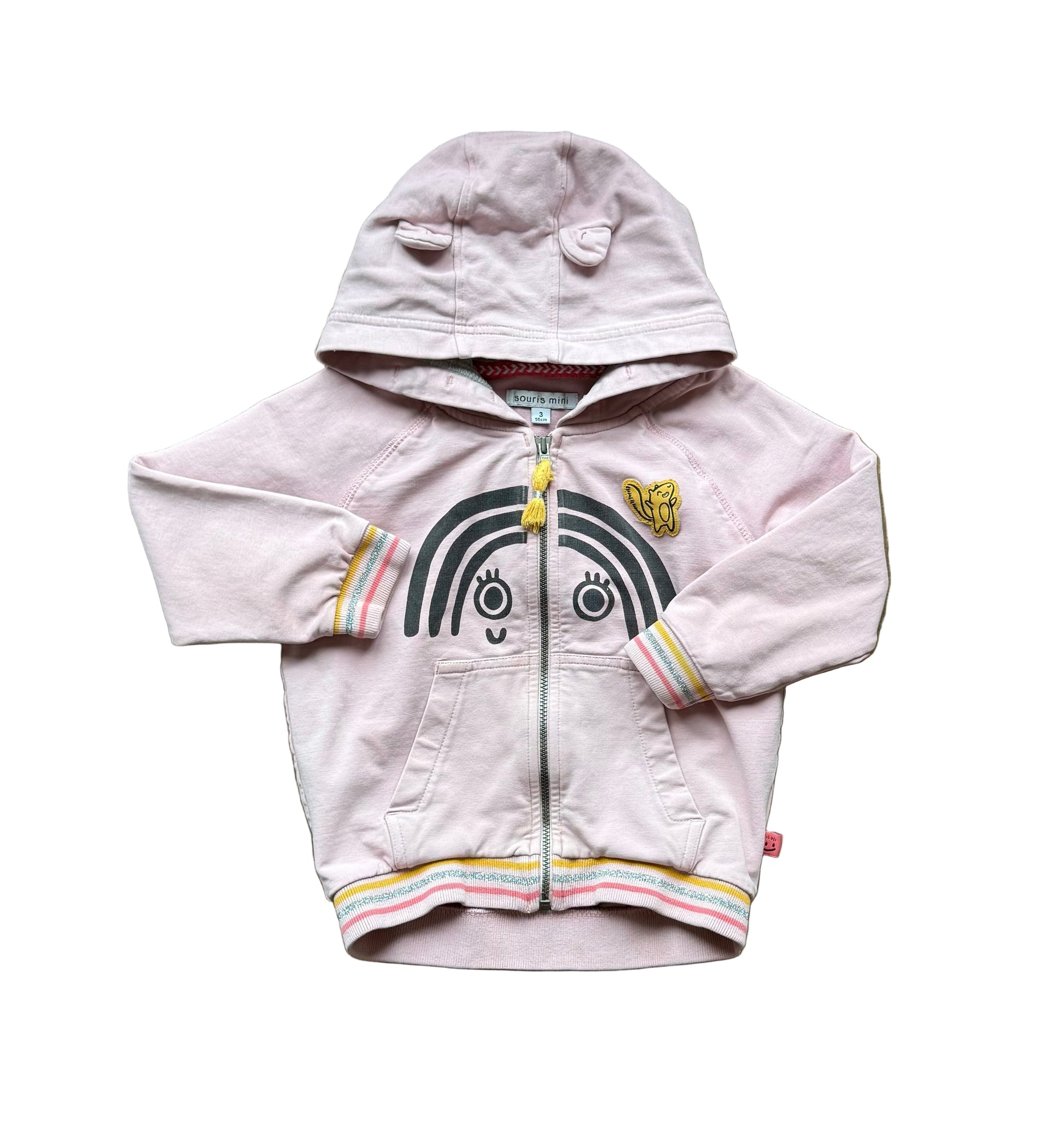 Veste à capuche enfant vieux rose, fermeture éclair, motif souris sur le devant