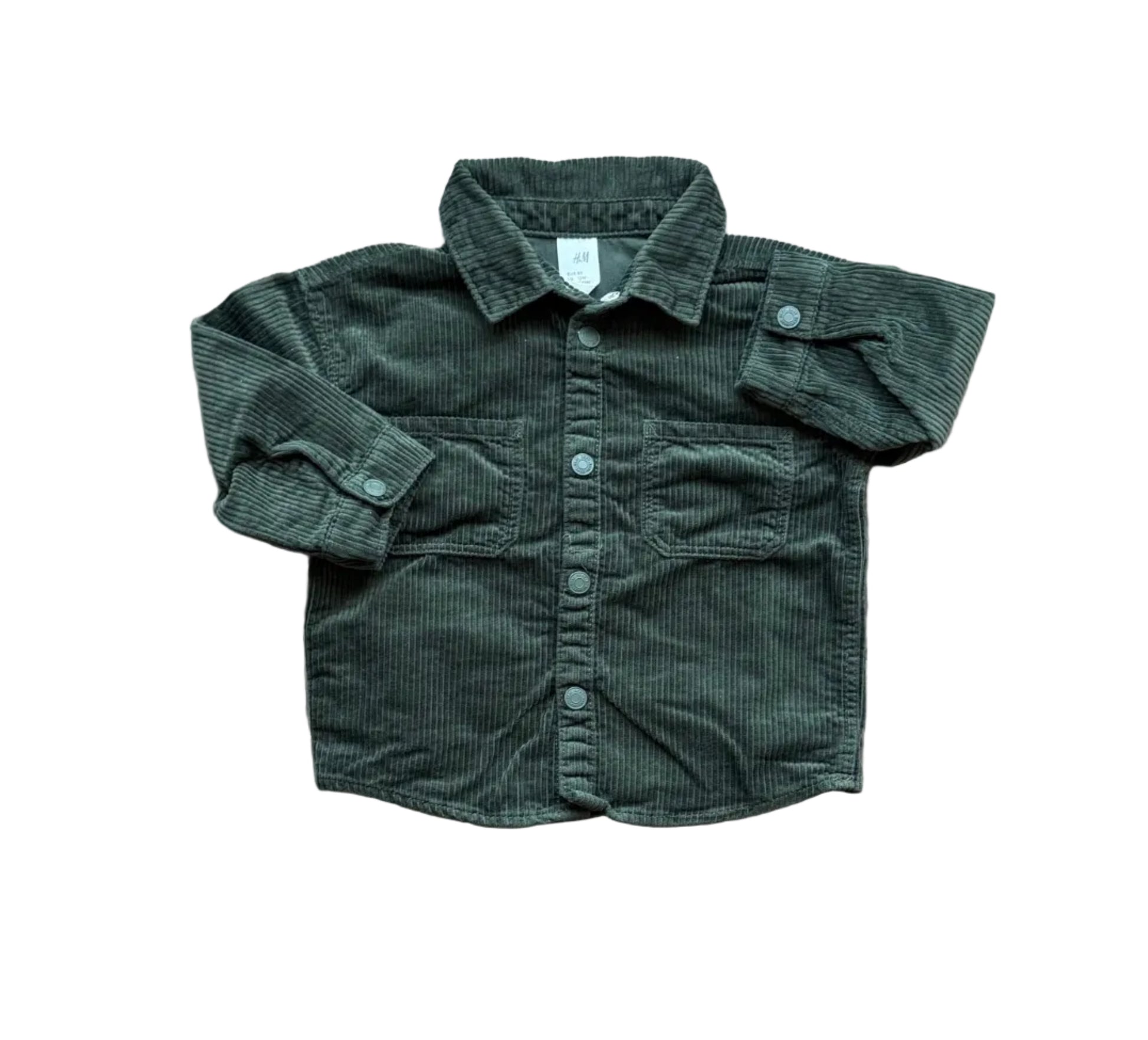 Chemise H&M 9-12 mois en velours côtelé vert, boutonnage et col, poche poitrine.