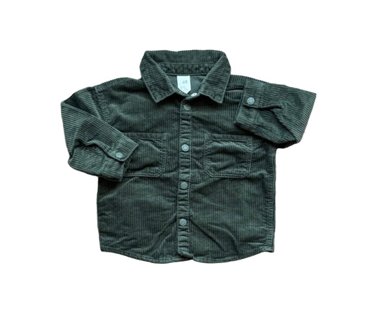 Chemise H&M 9-12 mois en velours côtelé vert, boutonnage et col, poche poitrine.