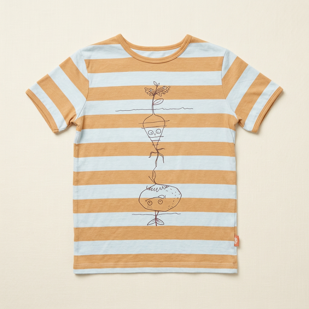 T-shirt enfant 7 ans rayé bleu clair et orange, illustration de souris au centre