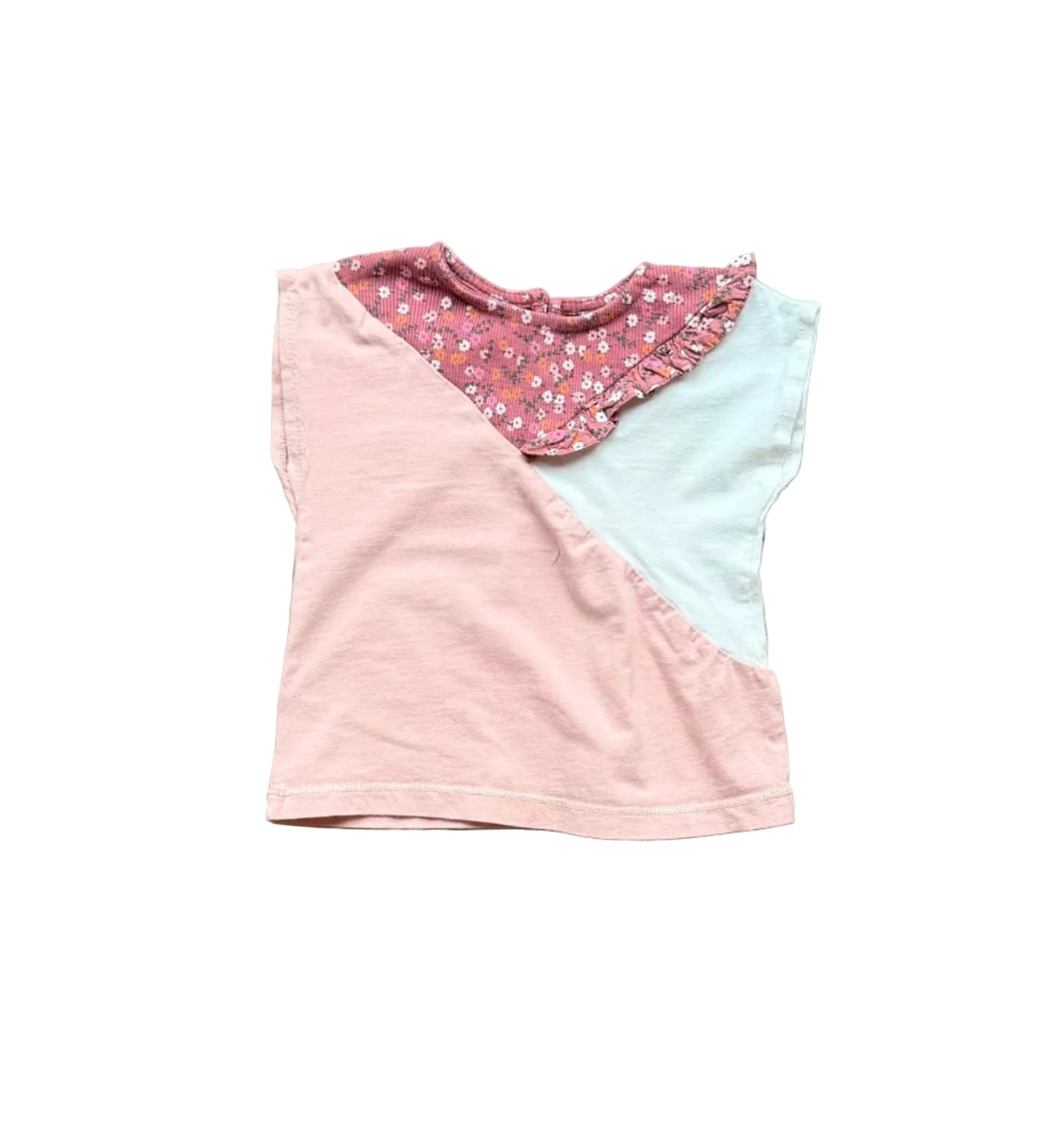 T-shirt bébé vieux rose 12-18 mois, empiècement fleuri et empiècement bleu clair