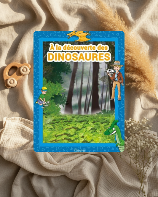Livre à la découverte des dinosaures : couverture bleue avec dinosaure vert et explorateur.