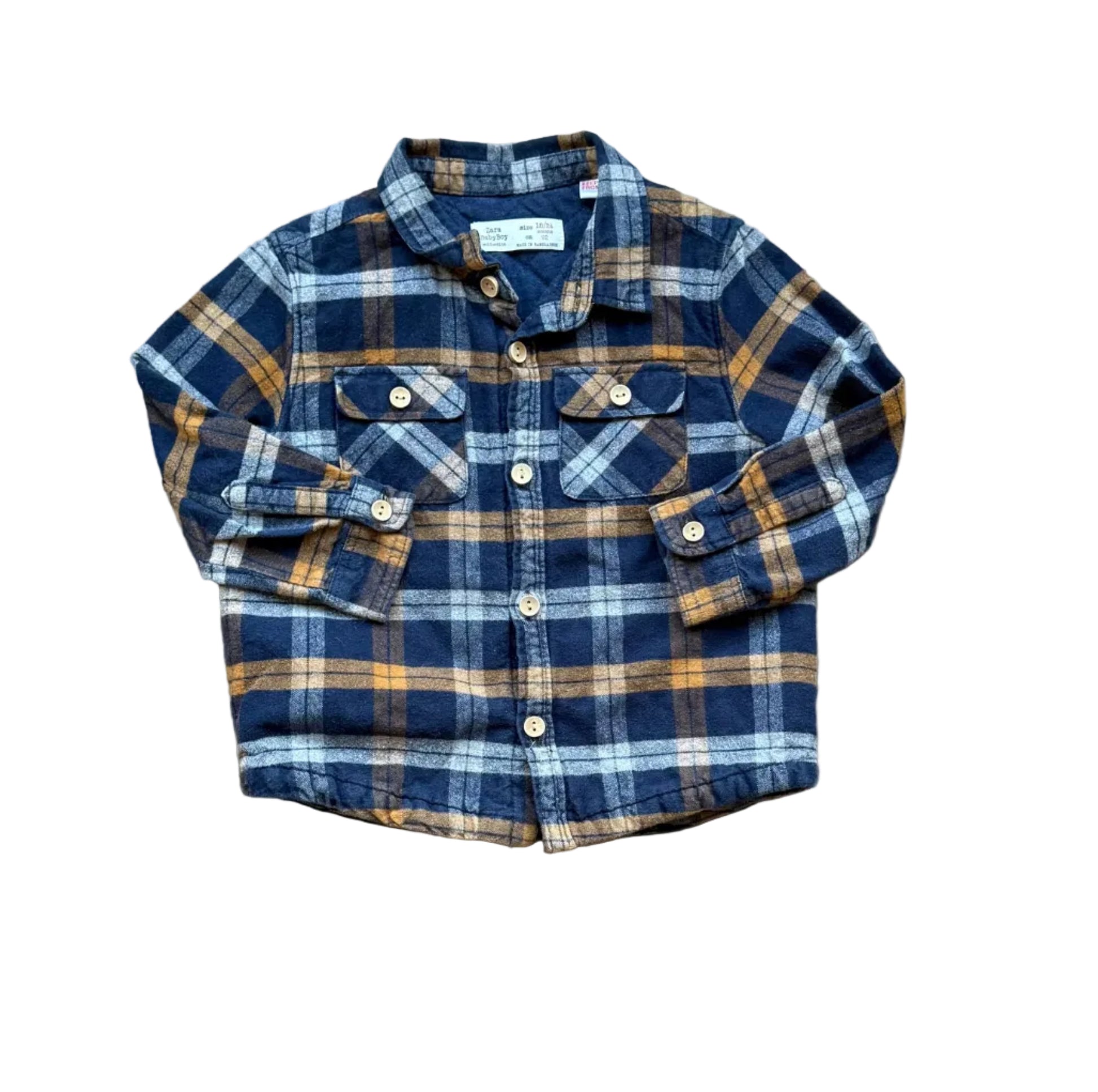 Chemise bébé Zara à carreaux bleu et beige, manches longues, col et boutons