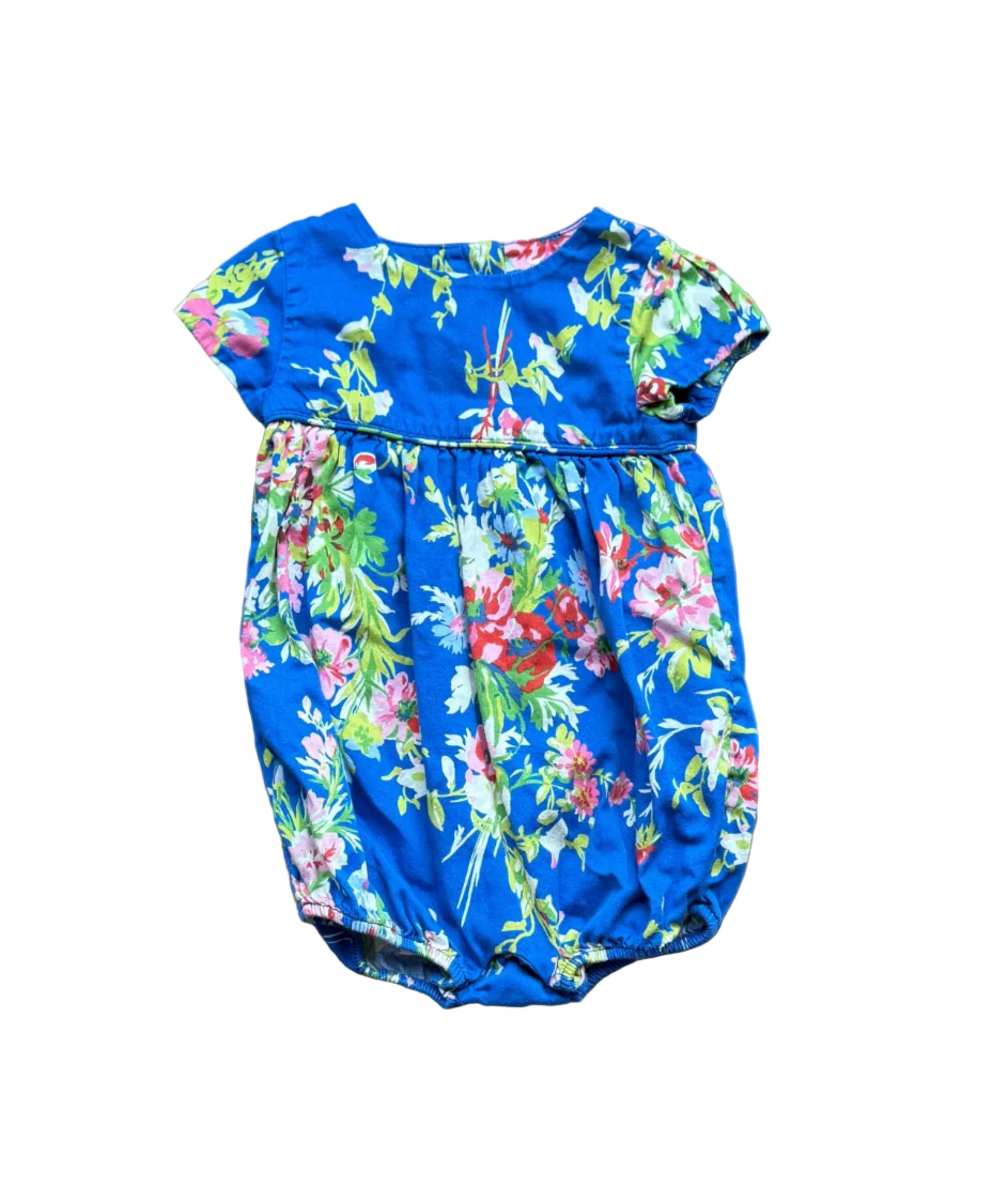Barboteuse bébé Ralph Lauren 6 mois bleue à fleurs, manches courtes, col rond