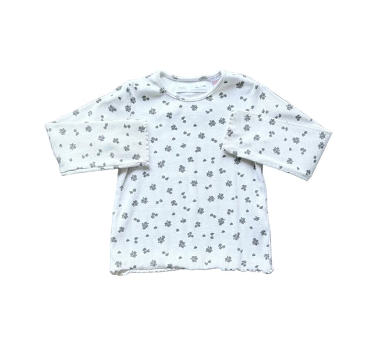 Chandail enfant 4 ans à manches longues, encolure ronde, motif floral vert sur fond clair