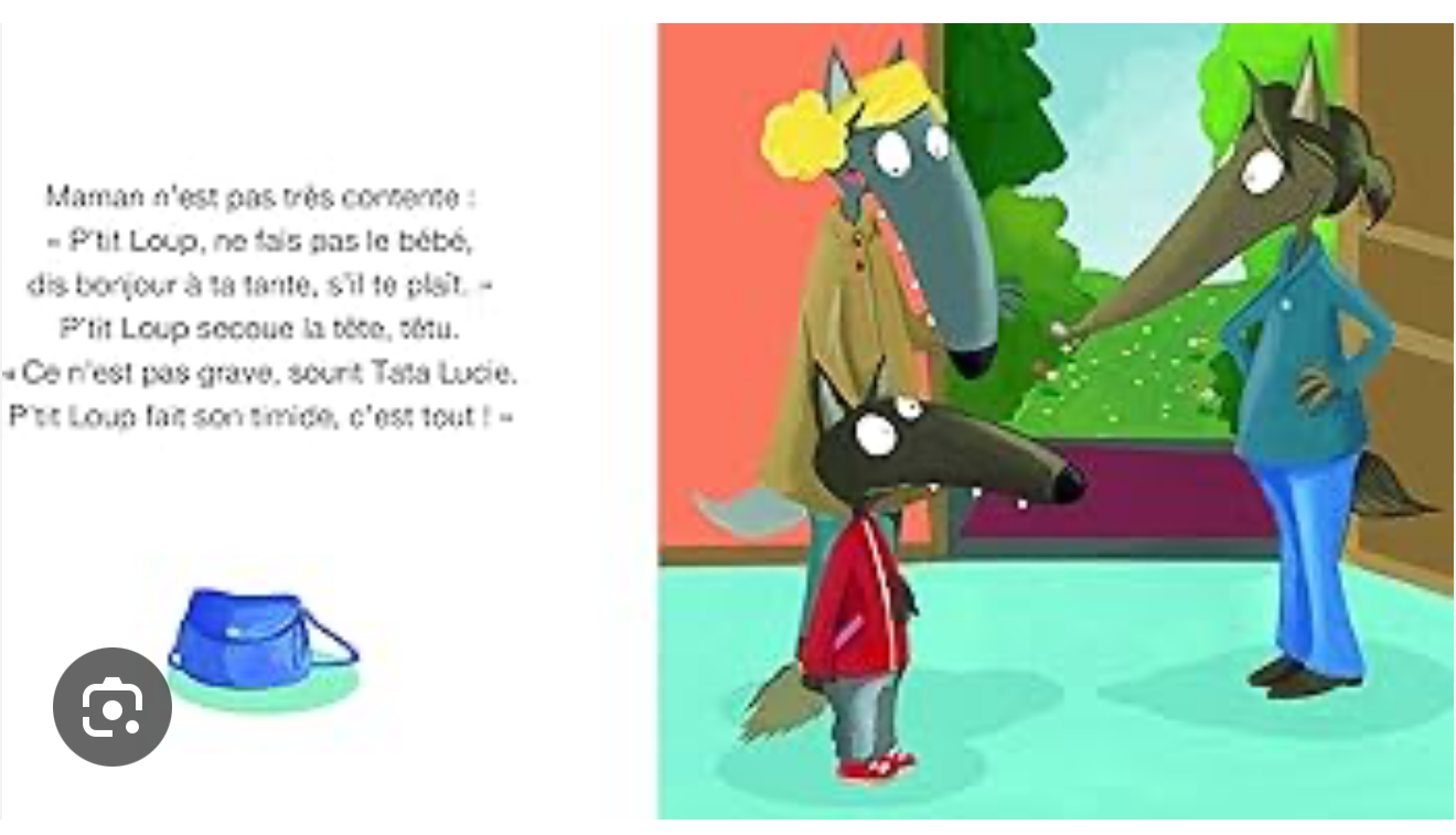 P’tit Loup « est poli » : illustration de deux loups, l’un tient une gourde