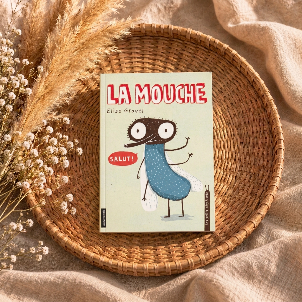 Livre broché fermé, couverture avec mouche bleue et titre rouge « LA MOUCHE ».