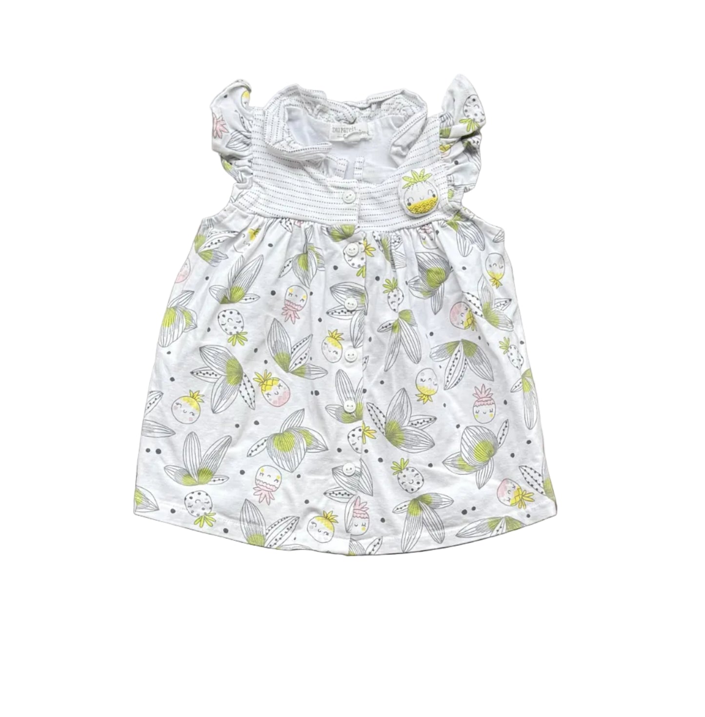 Robe bébé 3 mois, coton blanc à motifs légumes, encolure boutonnée
