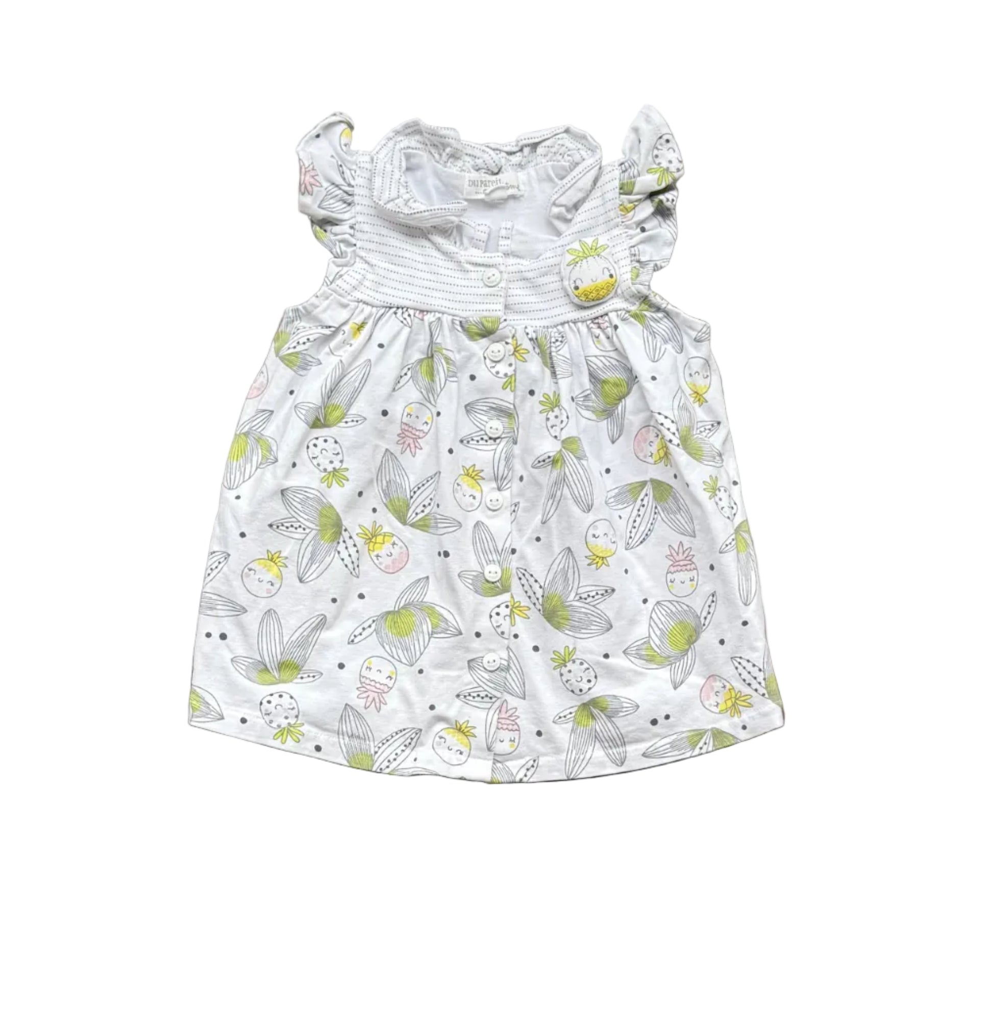 Robe bébé 3 mois, coton blanc à motifs légumes, encolure boutonnée