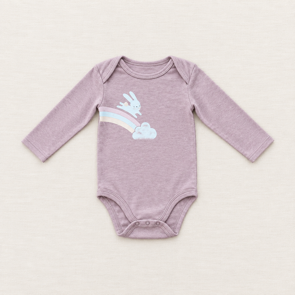 Body bébé mauve à manches longues, imprimé lapin et nuages