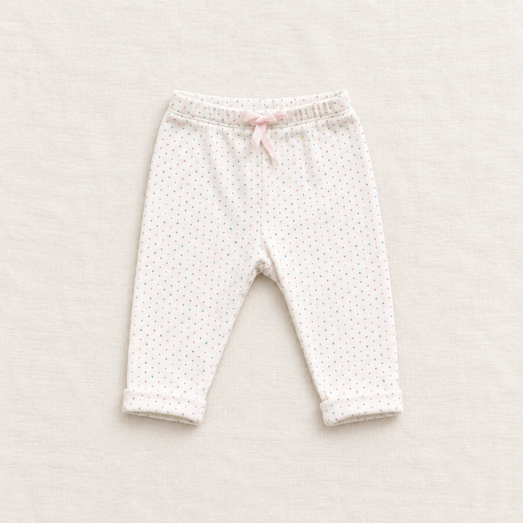 Pantalon de jogging bébé rose crème à pois, taille élastique avec cordon, bas côtelé.