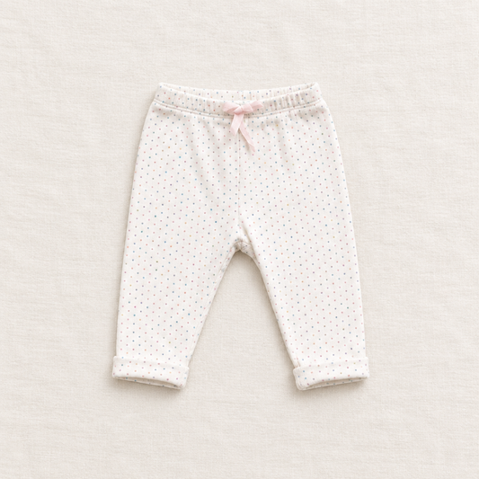 Pantalon de jogging bébé rose crème à pois, taille élastique avec cordon, bas côtelé.
