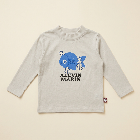 Chandail bébé manches longues gris clair, encolure ronde, motif poisson bleu «Alevin marin»