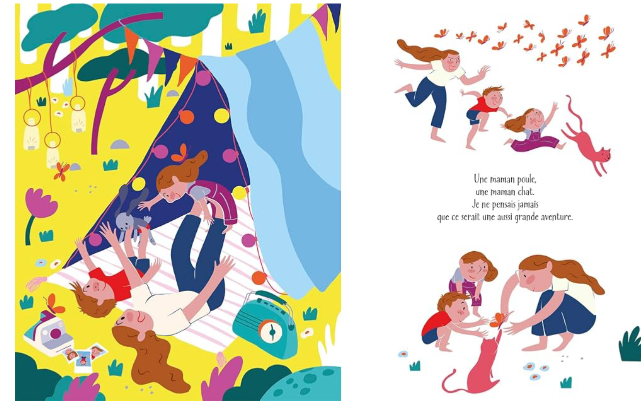 Double page du livre avec scène en forêt, figures et animaux colorés