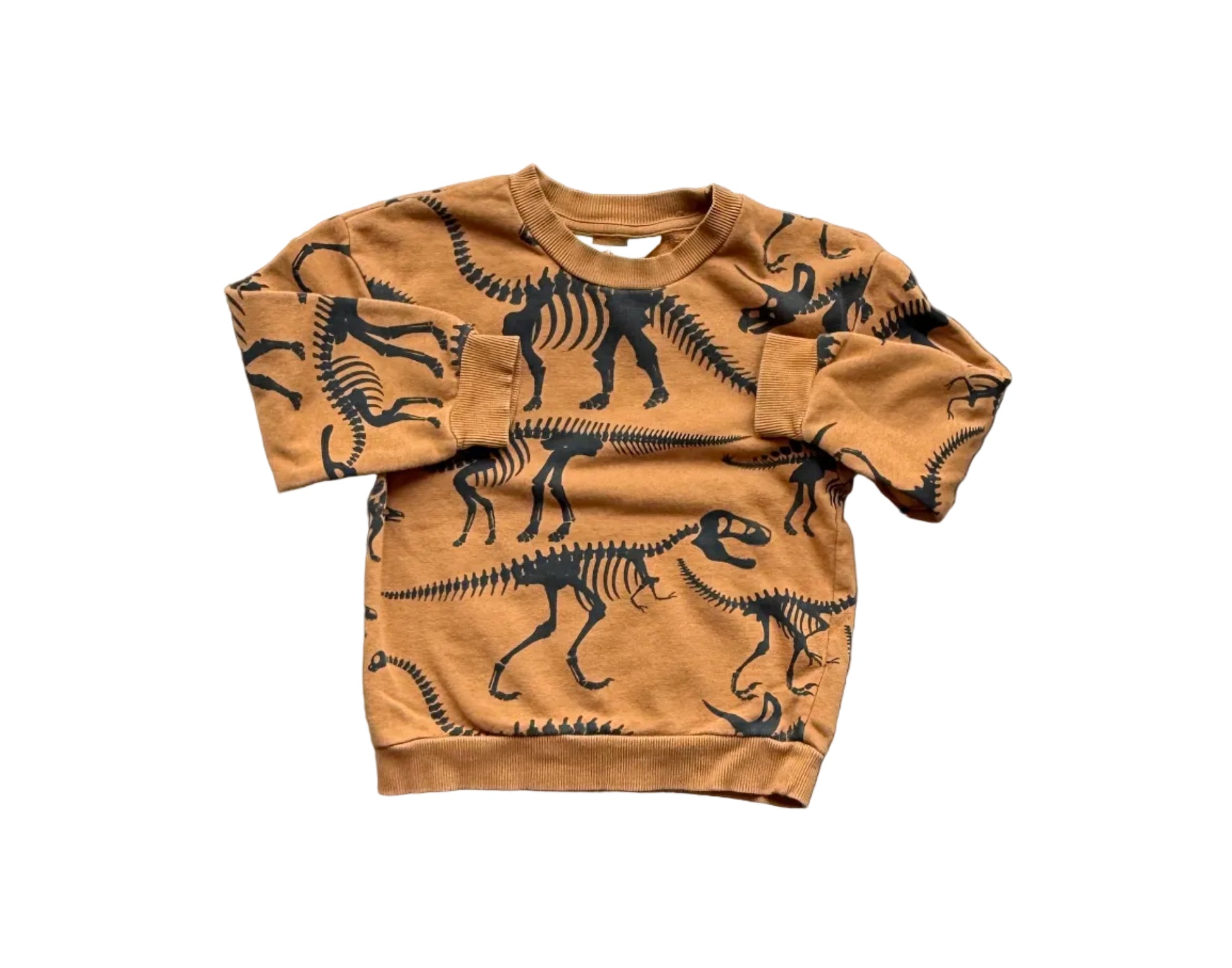 Chandail enfant à manches longues moutarde avec dinosaures dessinés, col rond