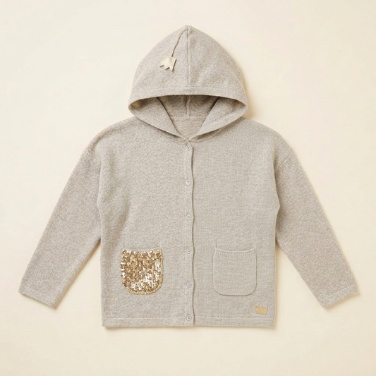 Cardigan à capuche Souris Mini gris chiné, poche à sequins dorés et boutons