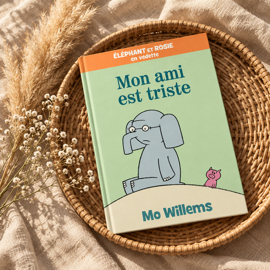 Livre pour enfants « Mon ami est triste » avec illustration d’éléphant sur couverture verte