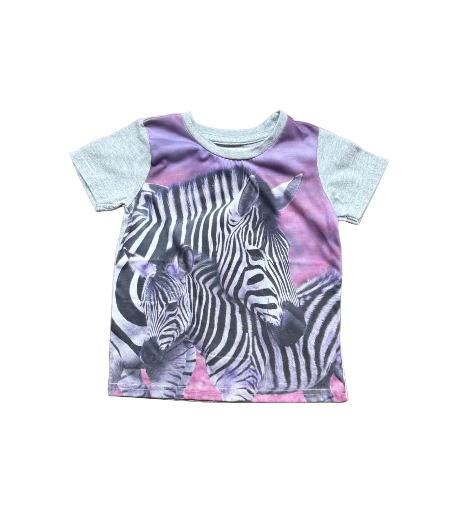 T-shirt enfant 3 ans manches courtes bleu clair, motif zèbre violet et rose