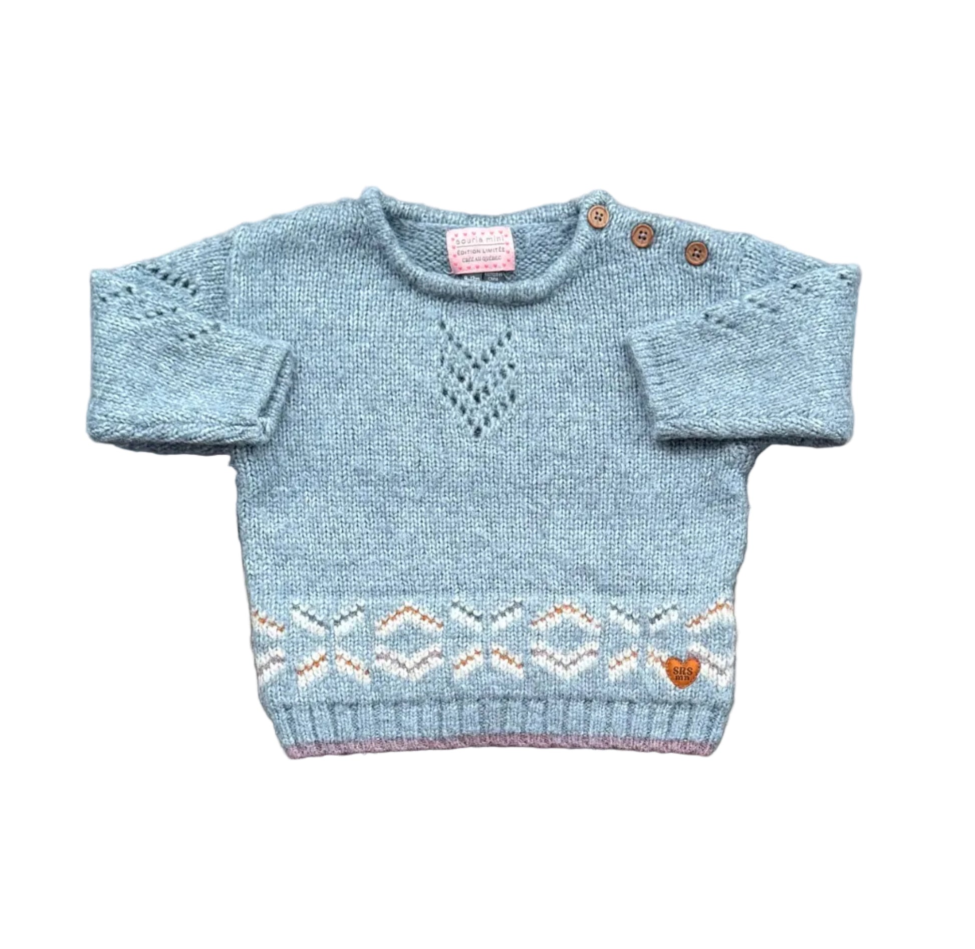 Chandail souris mini bleu gris, col rond, boutons épaules, motifs losanges, 9-12 mois