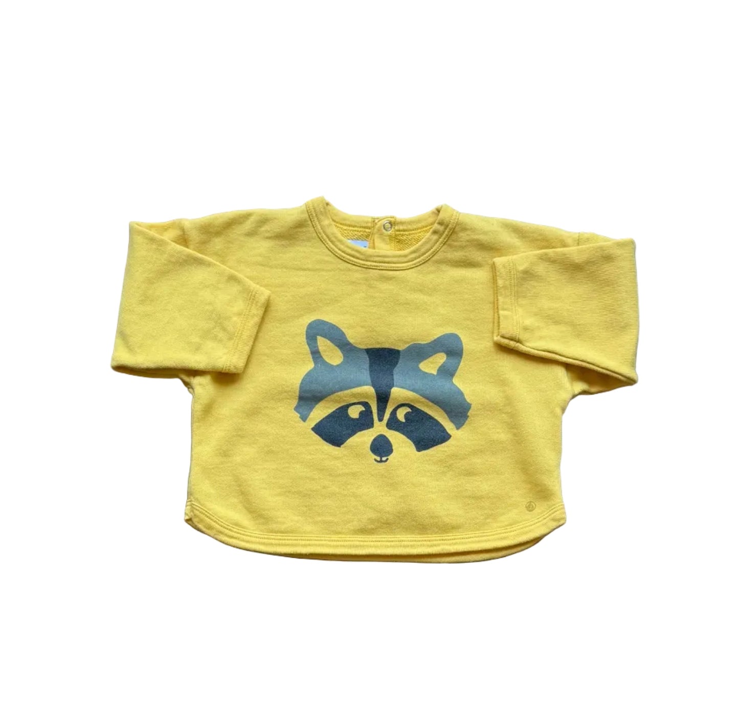 Chandail Petit Bateau jaune 18 mois, manches longues, encolure ronde, raton laveur bleu