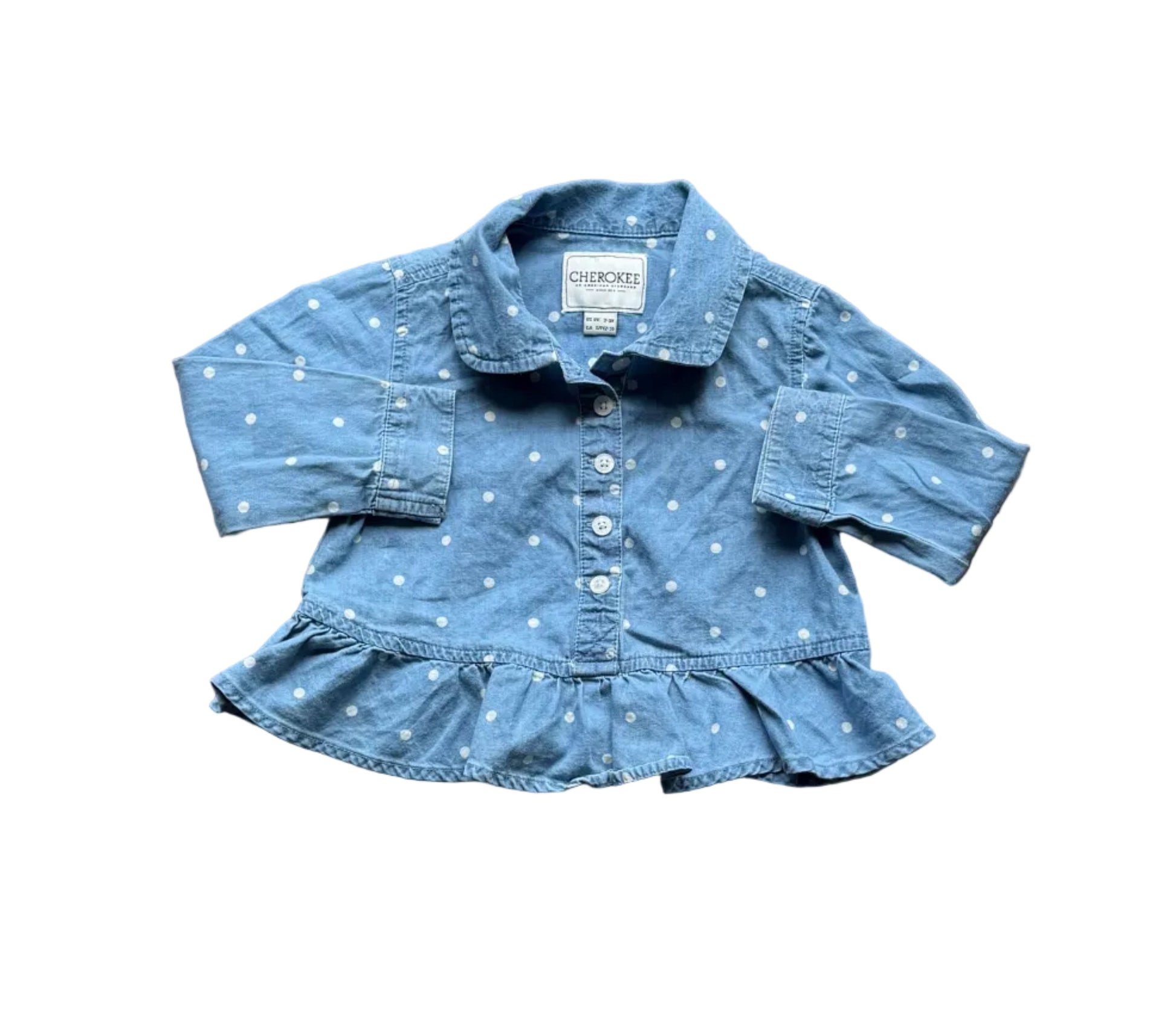 Chemise Cherokee 2-3 ans bleu clair à pois blancs, volants au bas
