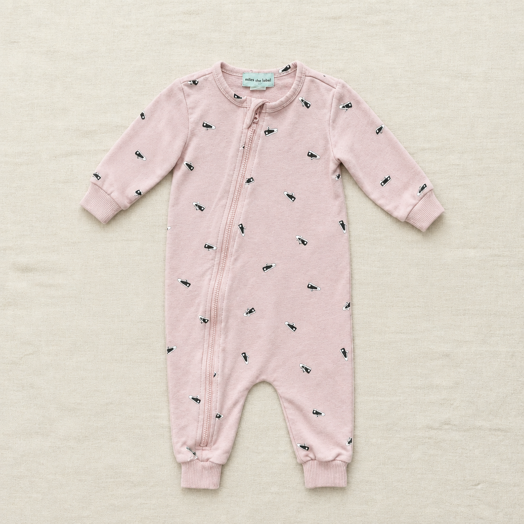 Pyjama bébé 6 mois à fermeture éclair, vieux rose, manches longues, motif all-over