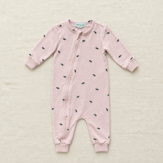 Pyjama bébé 6 mois à fermeture éclair, vieux rose, manches longues, motif all-over