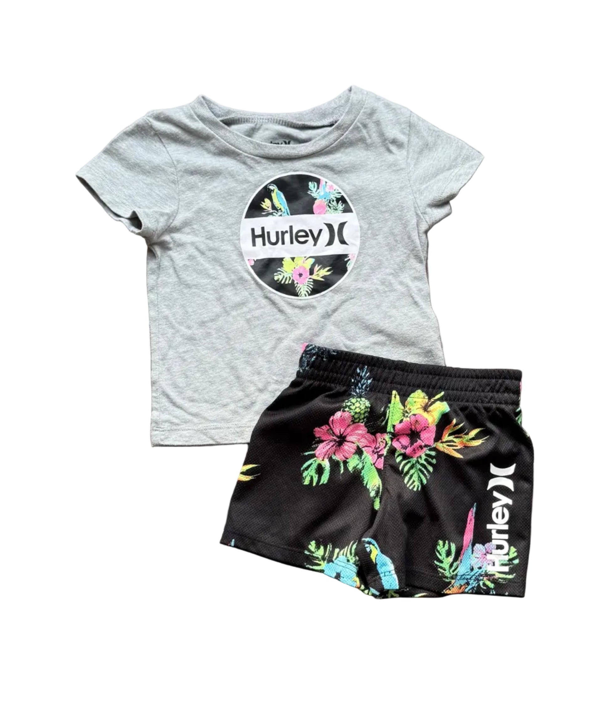 Ensemble bébé 12 mois : t-shirt gris et short noir fleuri, logo Hurley.