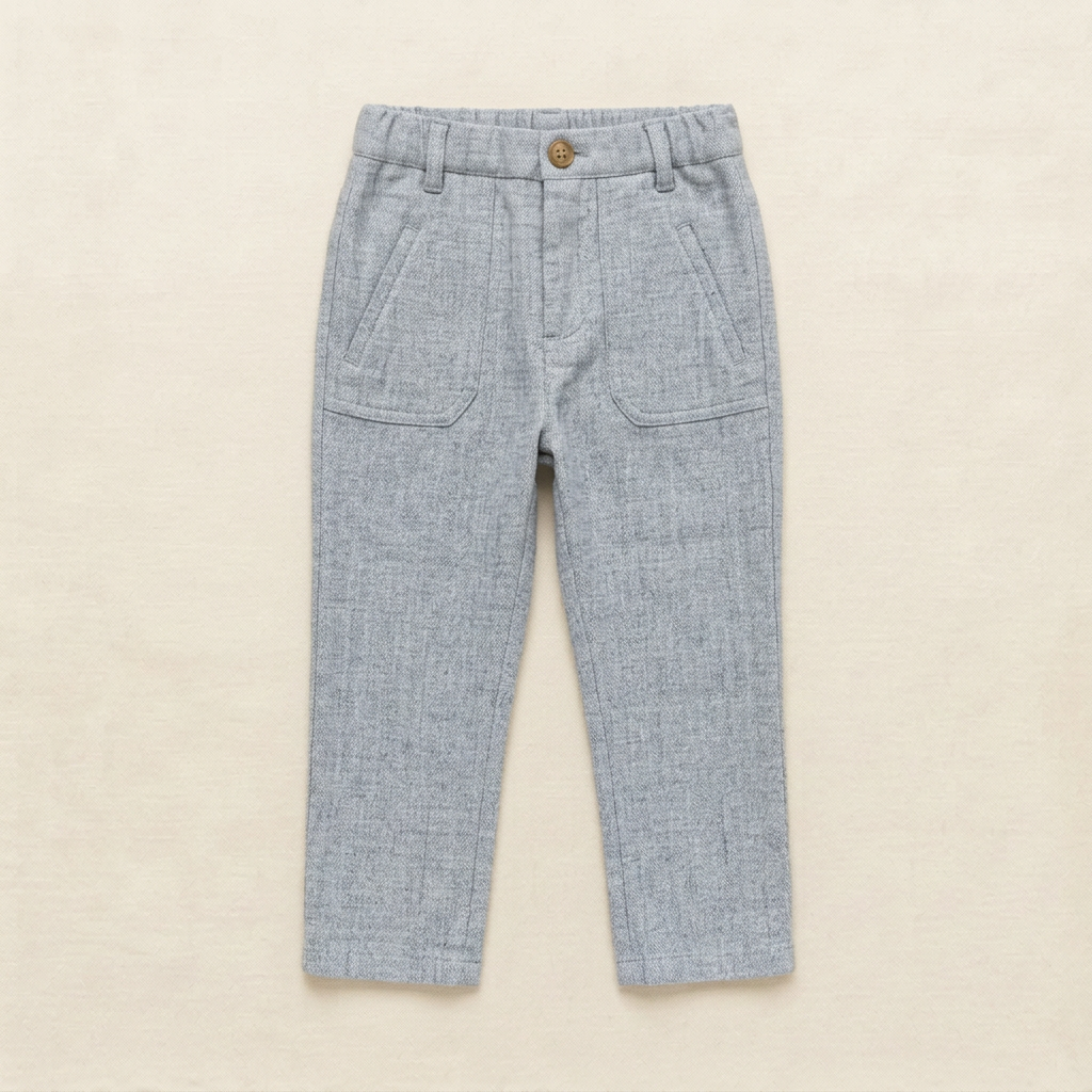 Pantalon enfant gris clair avec poches et taille élastique, bouton décoratif