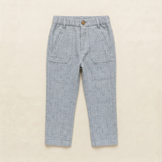 Pantalon enfant gris clair avec poches et taille élastique, bouton décoratif