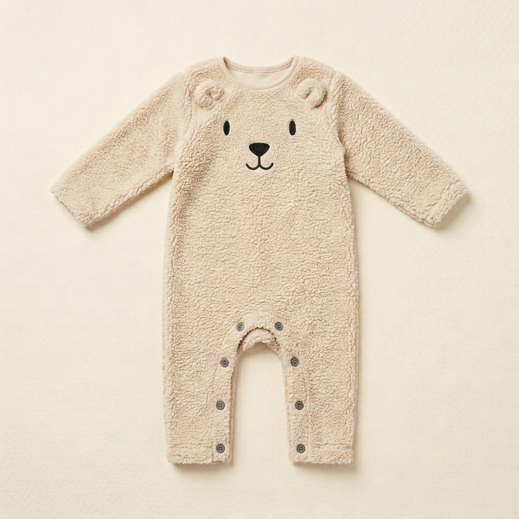 Grenouillère bébé en tissu peluche beige, manches longues, motif ours et fermeture à l’avant