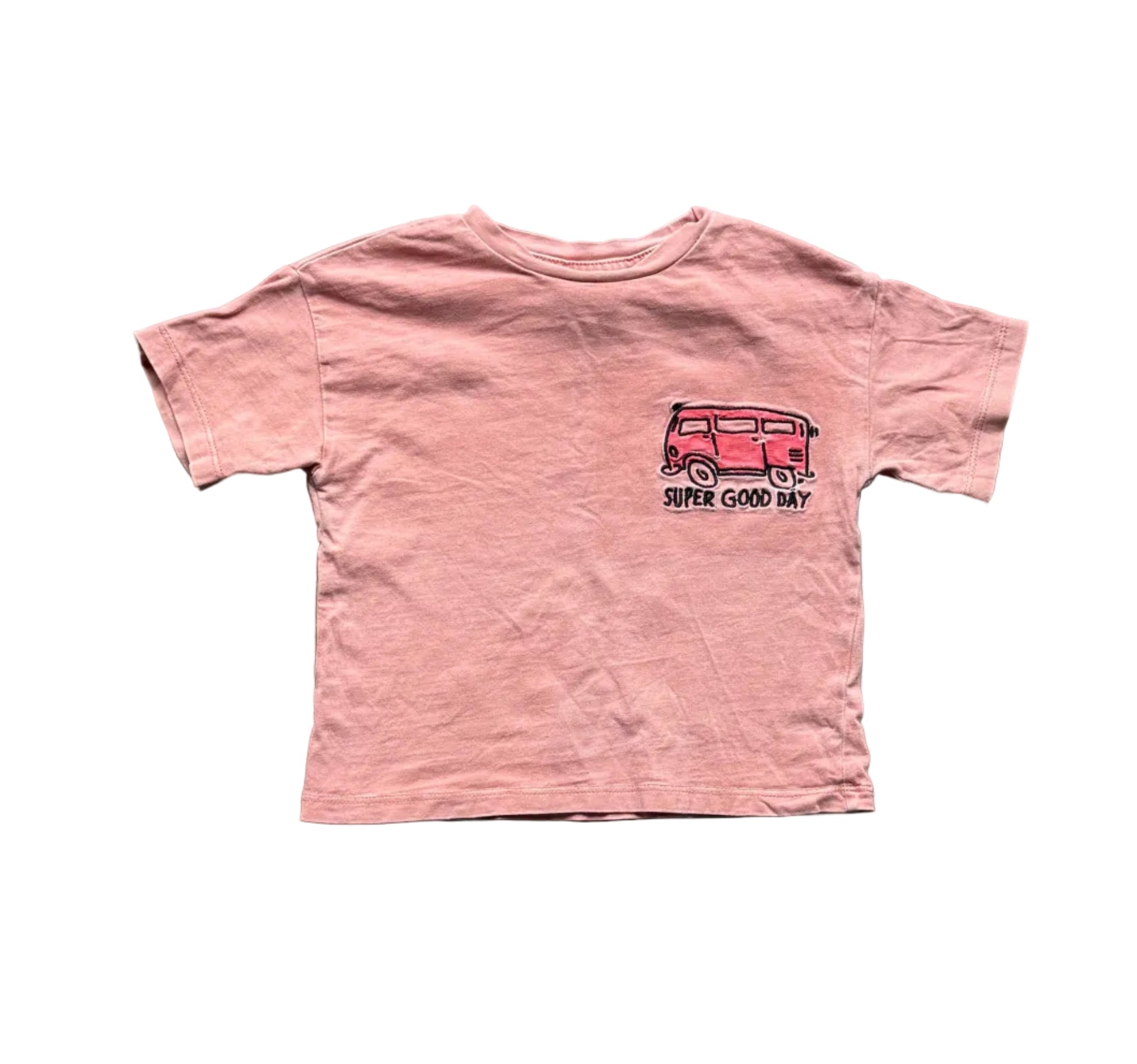 T-shirt rose rosé 12-18 mois, manches courtes, imprimé bus au centre.