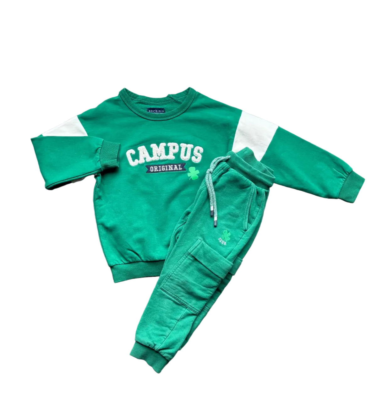 Ensemble bébé vert : sweat col rond imprimé et pantalon jogging à cordon, manches longues