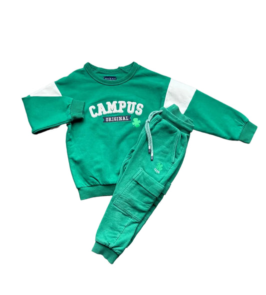 Ensemble bébé vert : sweat col rond imprimé et pantalon jogging à cordon, manches longues