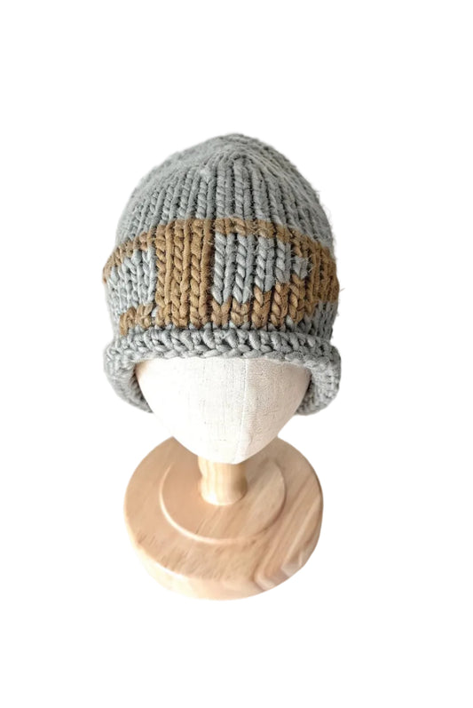Tuque bébé Diesel en tricot côtelé gris clair, empiècement beige et motif