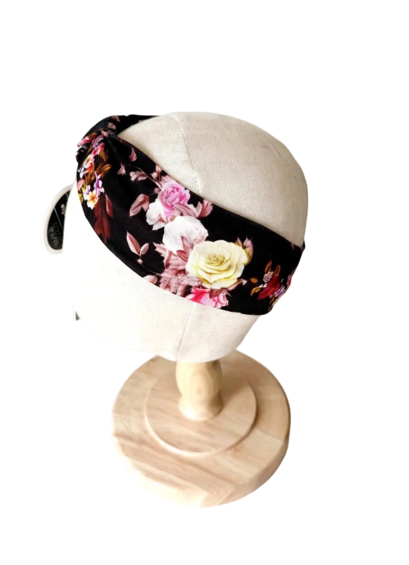 Bandeau bébé noir à fleurs roses, torsadé avec bords clairs