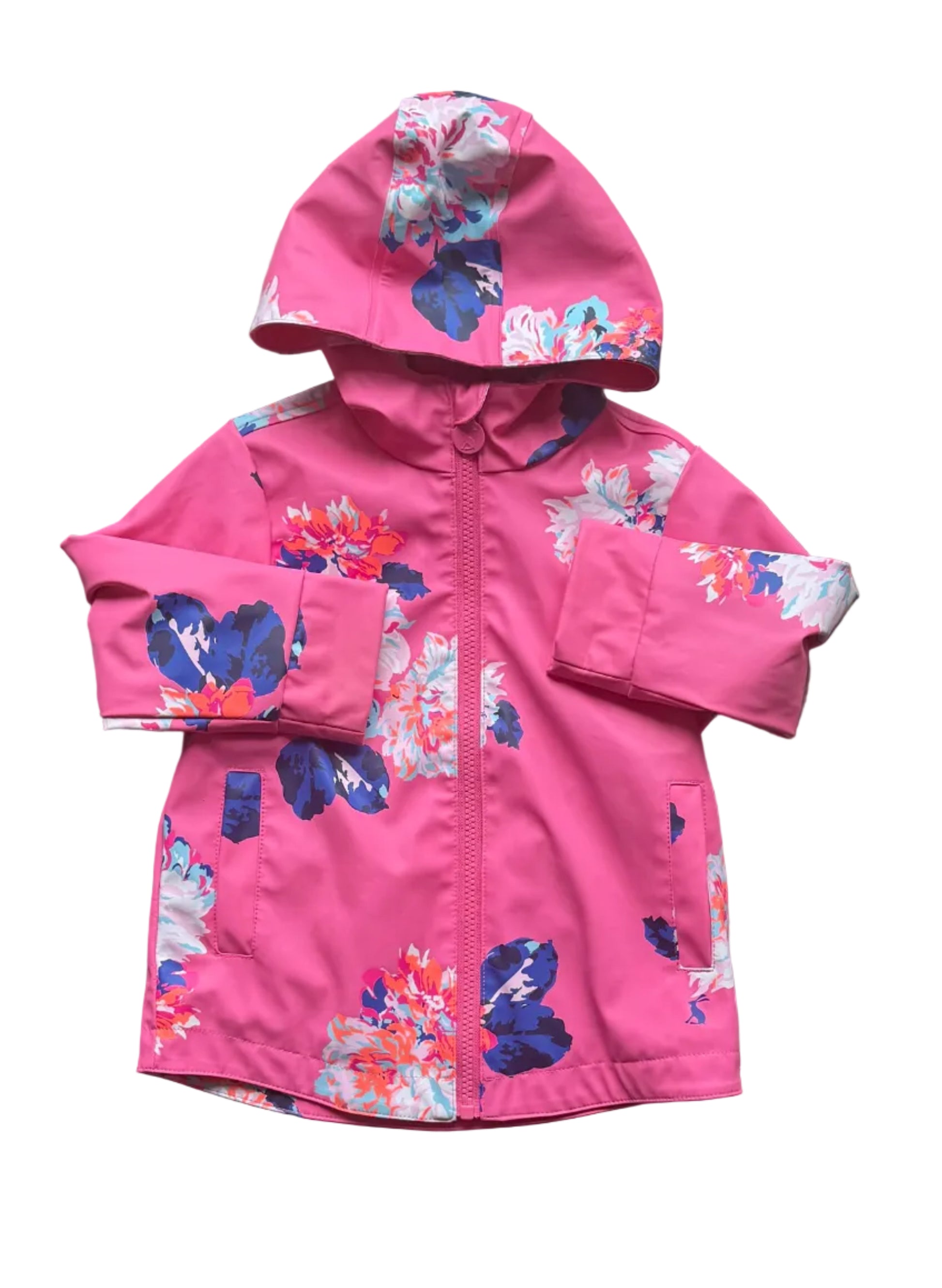 Imperméable enfant rose à capuche, imprimé floral et oiseaux, poches et fermeture zippée