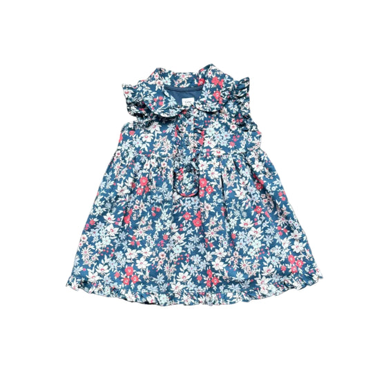 Robe bébé à volants, imprimé floral bleu et rose, encolure boutonnée