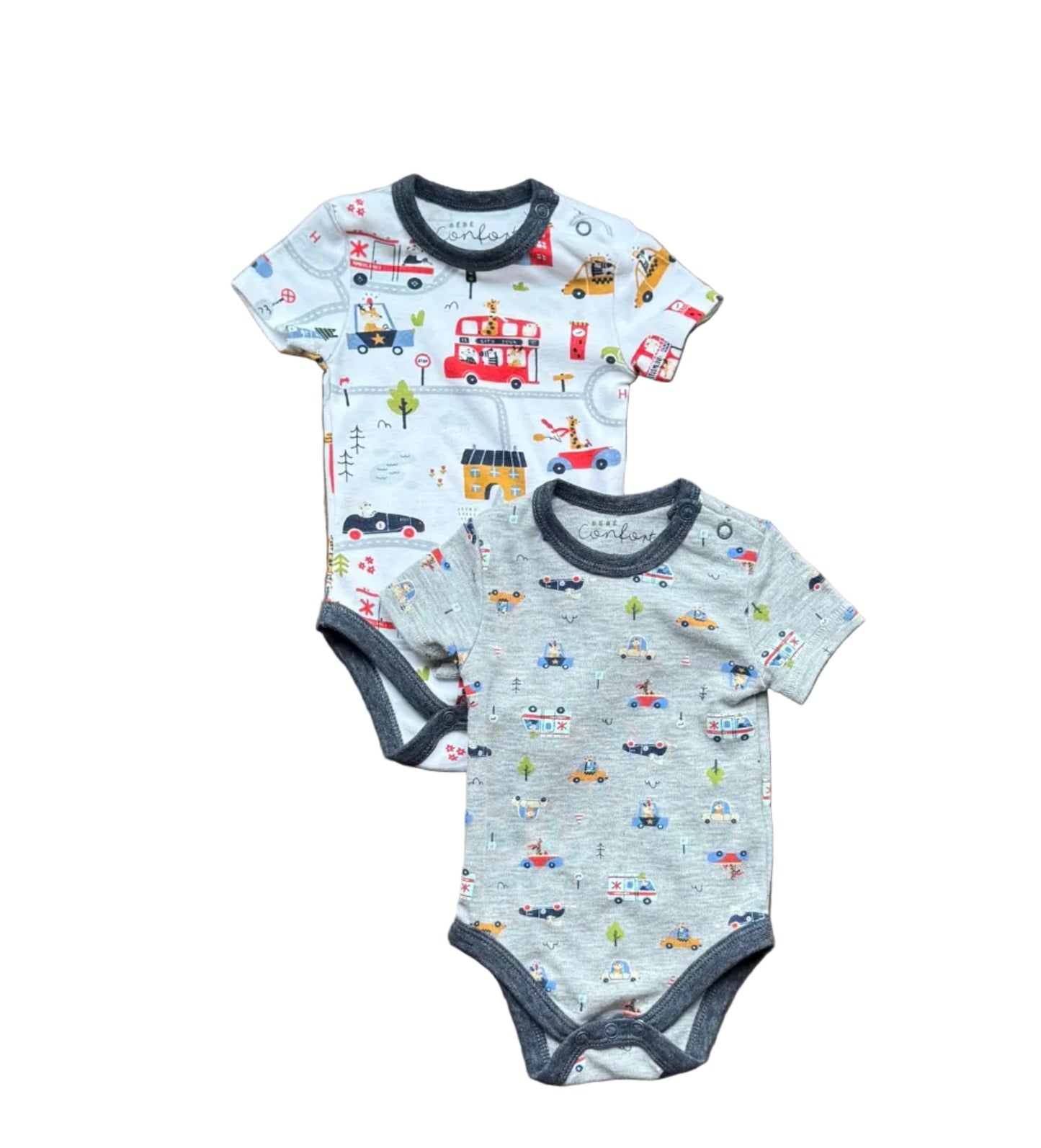 Cache-couche bébé, manches courtes, gris à motifs véhicules, lot de 2