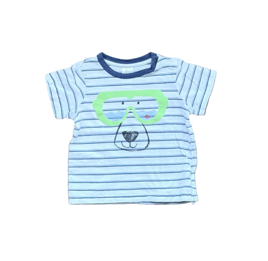 T-shirt bébé 6-9 mois rayé bleu clair et bleu marine, motif chien avec lunettes