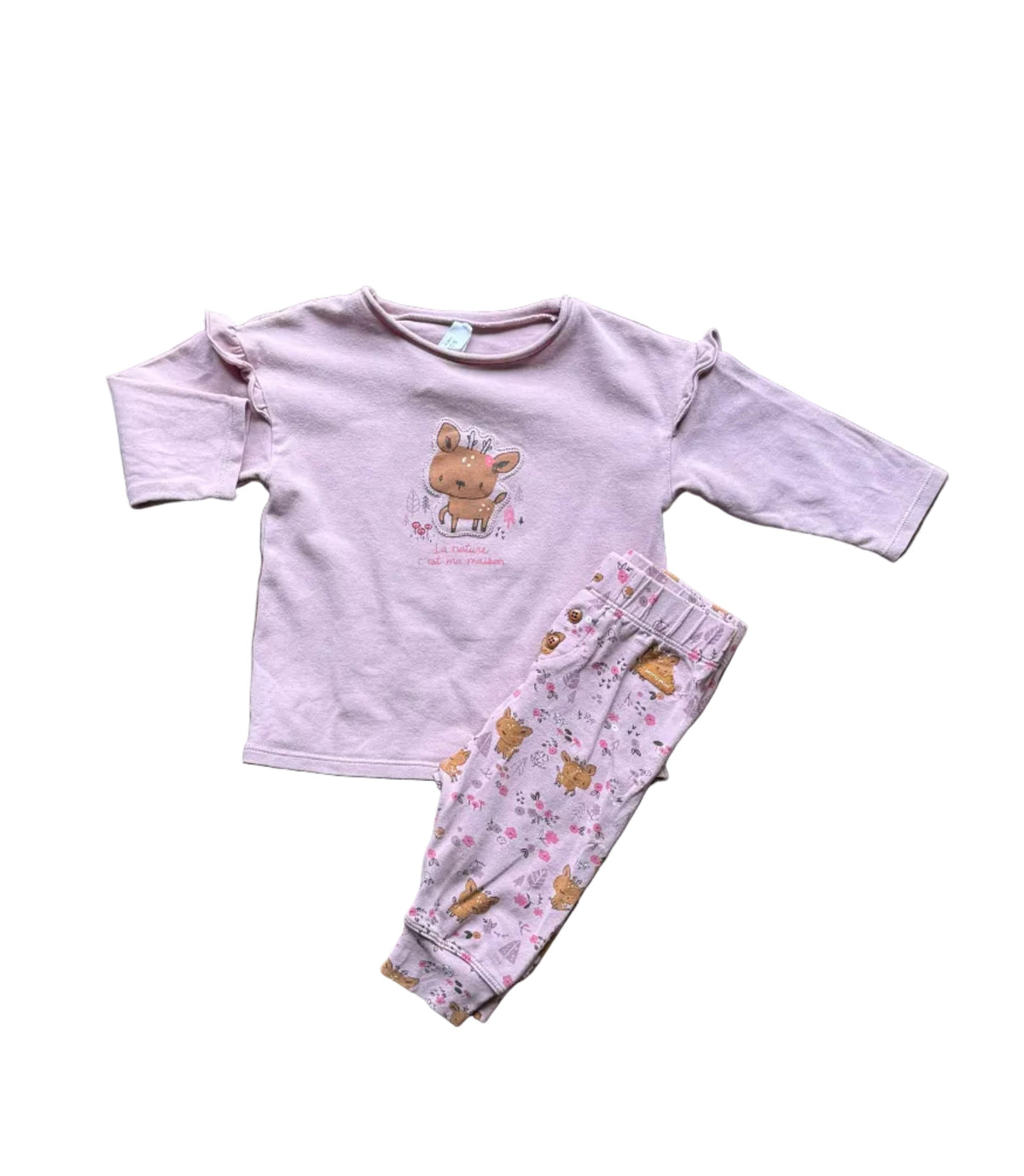 Ensemble bébé 6-9 mois : haut manches longues lilas et pantalon imprimé animaux